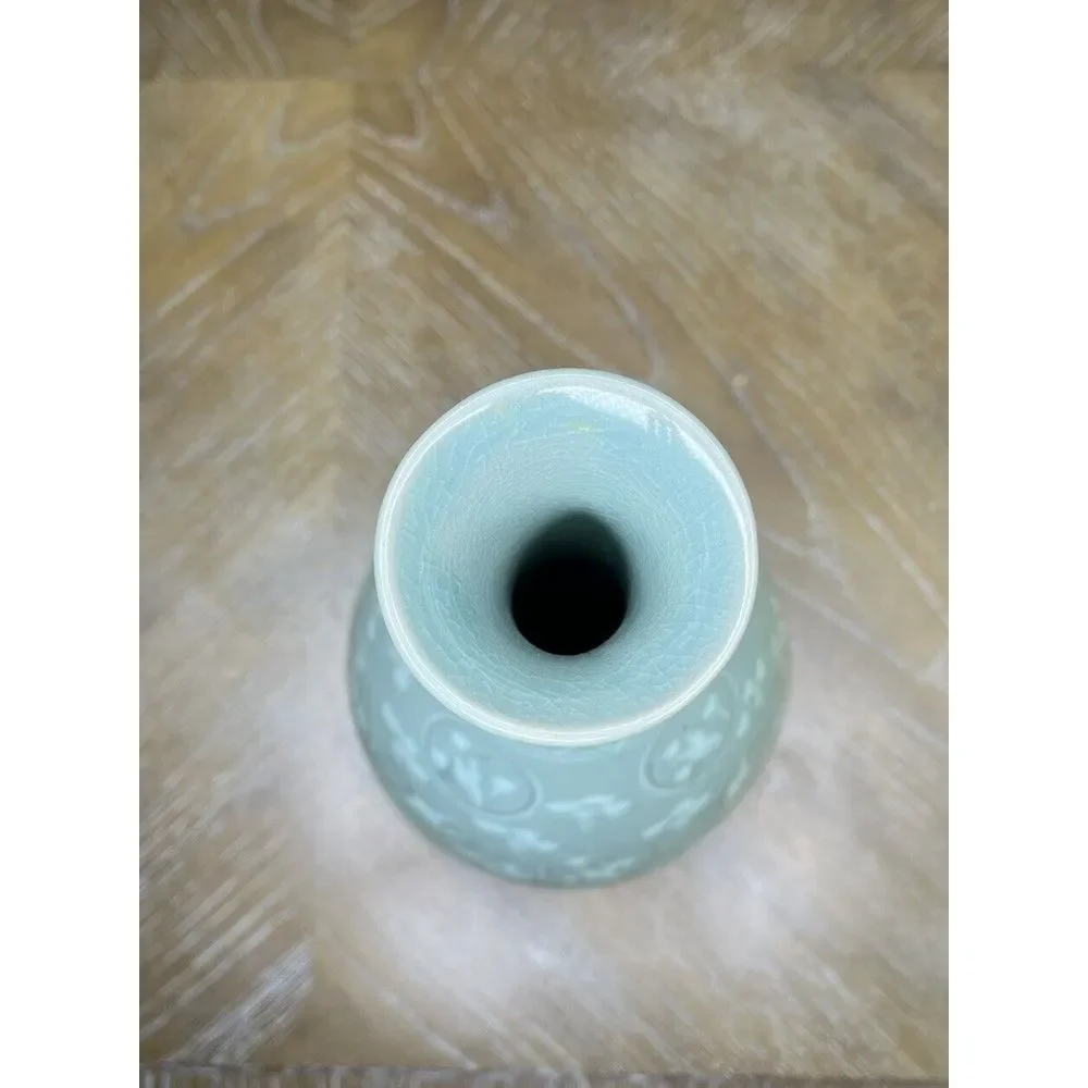 Korean Celadon Bottle Yuhuchun Vase Crane Clouds Signed‎ 12.5